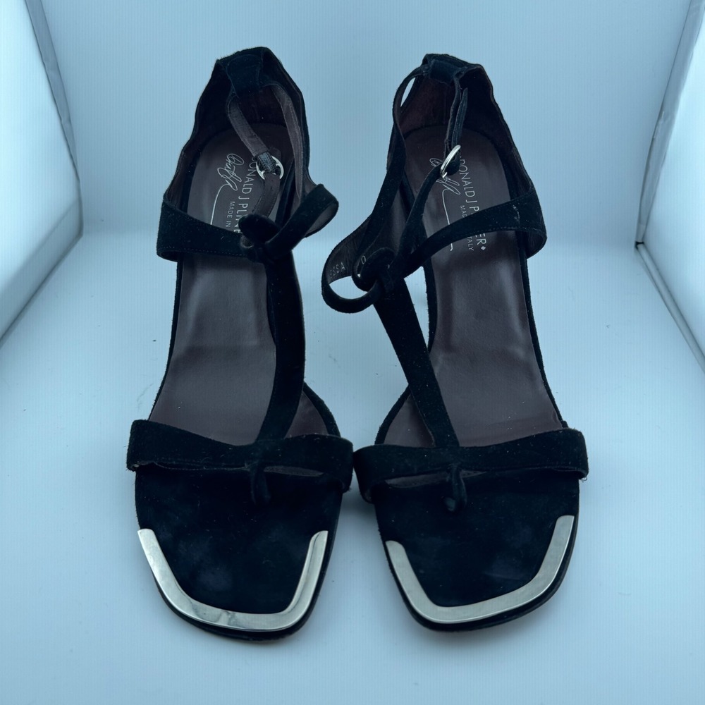 Donald J Pliner Nessa Sandals Women 10 Black Suede T-Strap Silver Toe Italy Heel - Picture 4 of 8